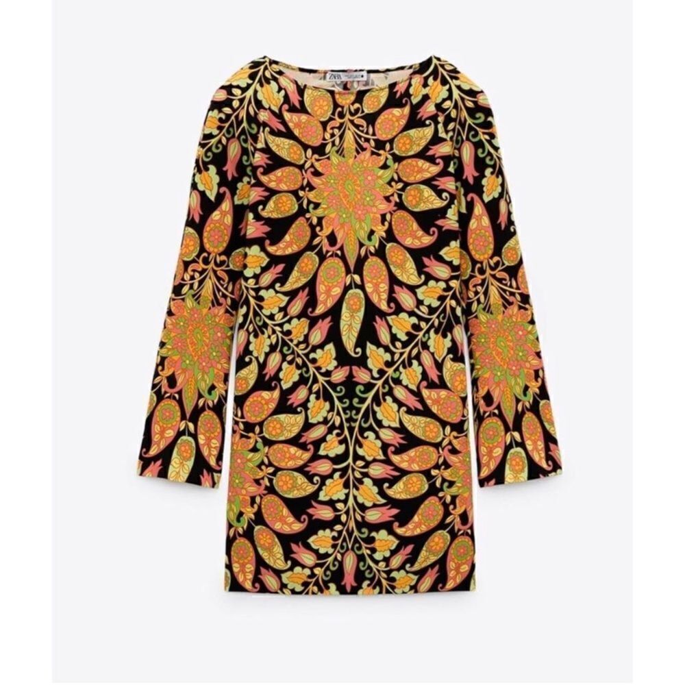 NWT Zara Blogger’s Favorite Long Sleeve Printed Multicolor Open Back Mini Dress - Picture 11 of 12